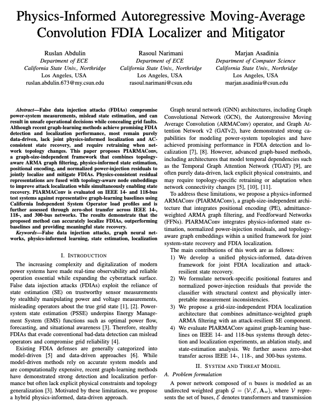 The first page of the Physics-informed FDIA localizer and state recoverer paper